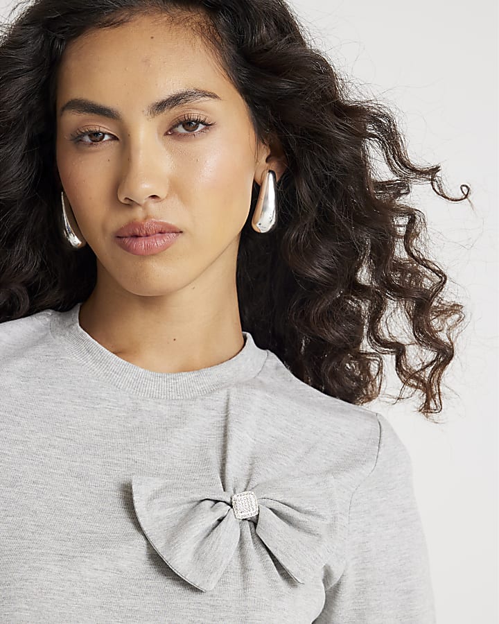 Grey Short Sleeve Bow Diamante T-shirt