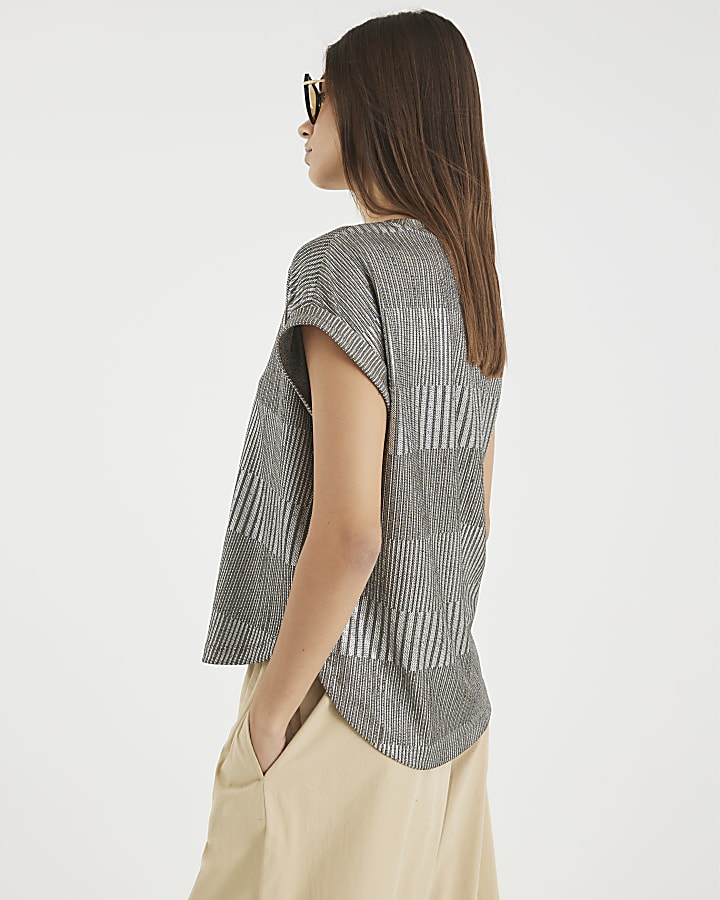 Silver Short Sleeve Metallic Top
