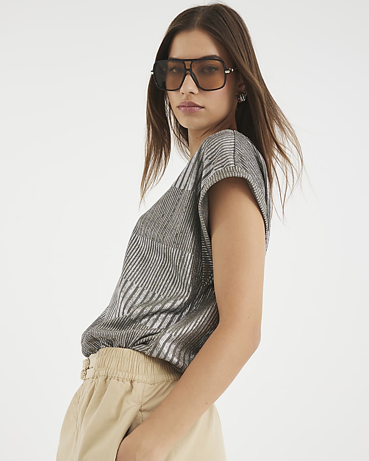 Silver Short Sleeve Metallic Top