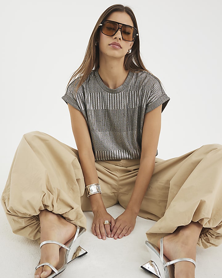 Silver Short Sleeve Metallic Top