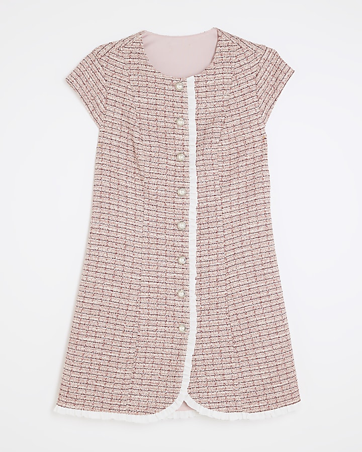 Pink Boucle Frill Trim Mini Dress
