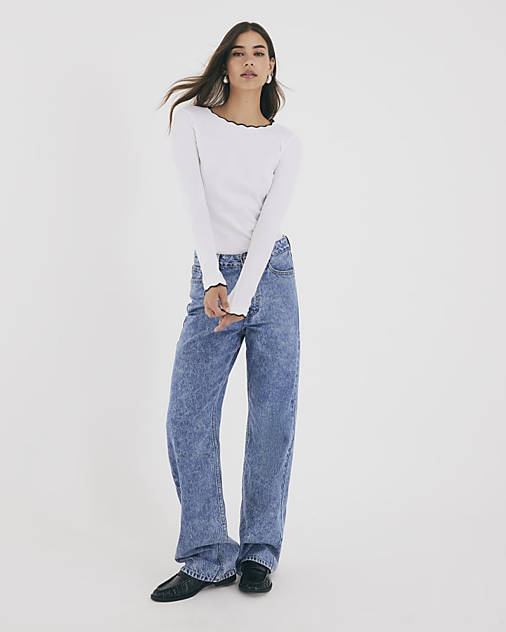 White Long Sleeve Scallop Trim Top