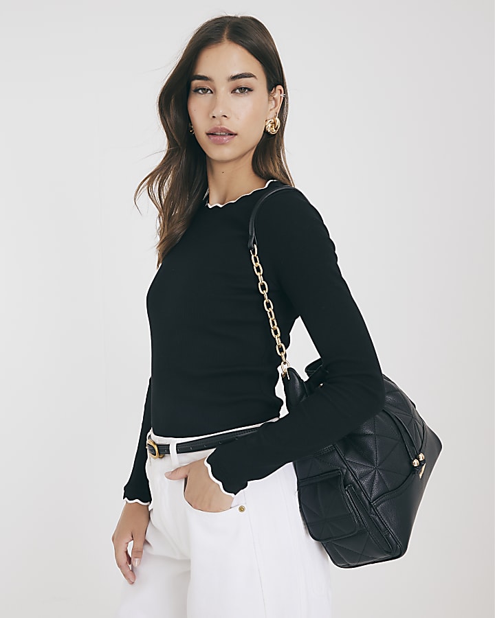 Black Long Sleeve Scallop Trim Top