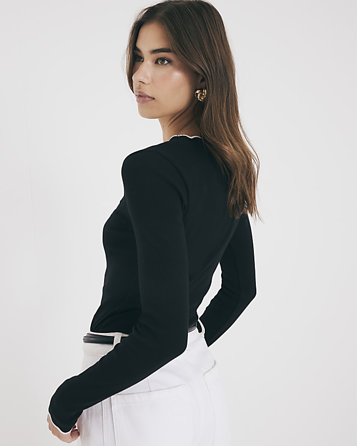 Black Long Sleeve Scallop Trim Top