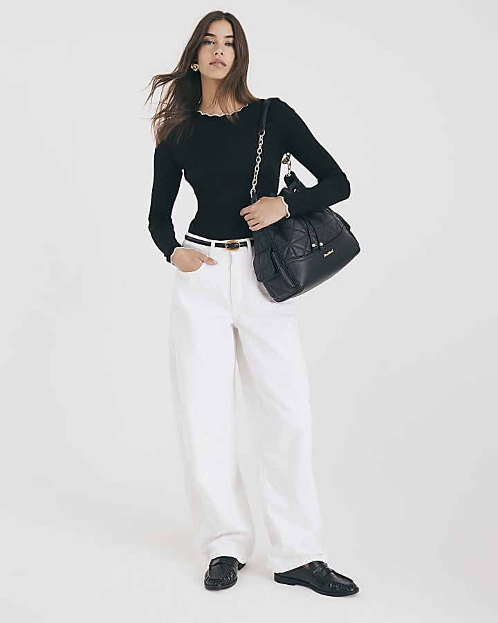 Black Long Sleeve Scallop Trim Top