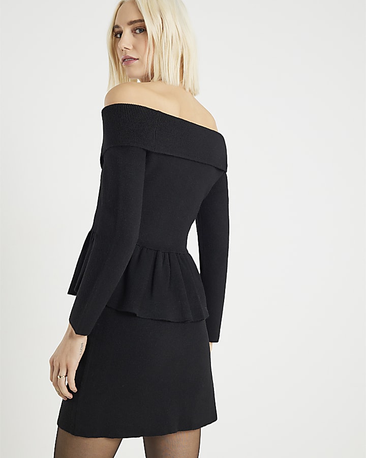 Black Knitted Bardot Peplum Top