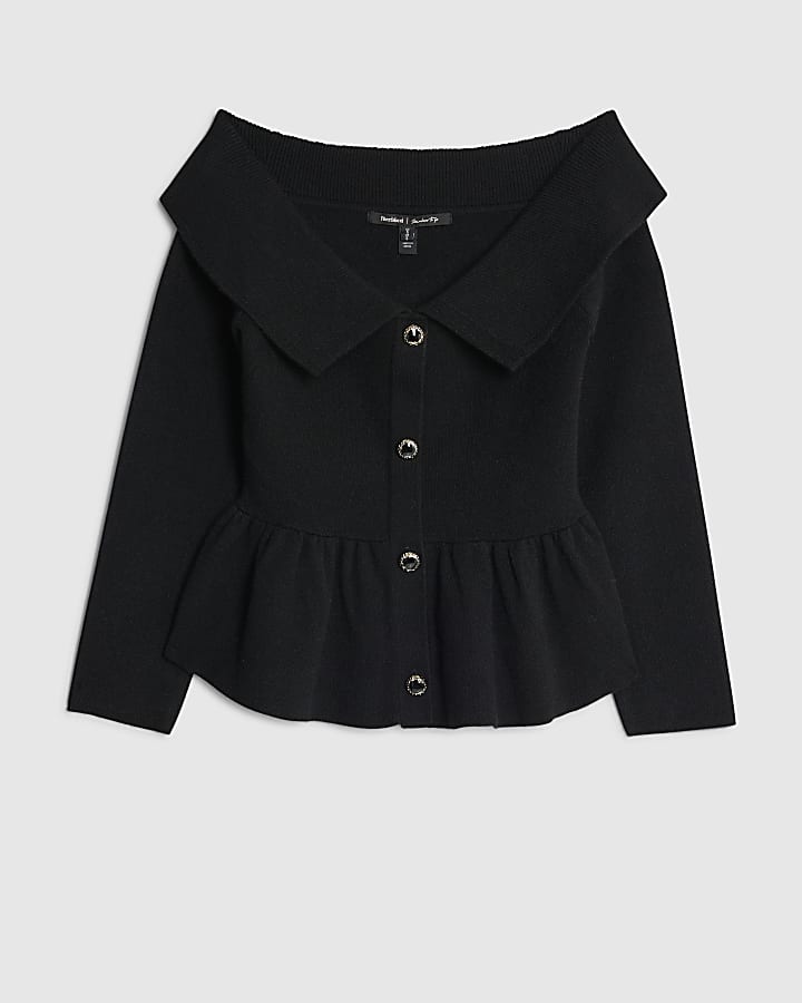 Black Knitted Bardot Peplum Top