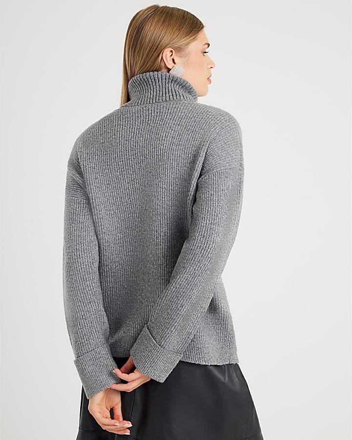 Grey Knitted Roll Neck Cut Out Jumper