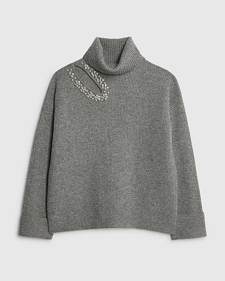 Grey Knitted Roll Neck Cut Out Jumper