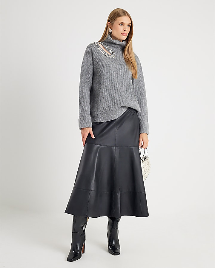 Grey Knitted Roll Neck Cut Out Jumper