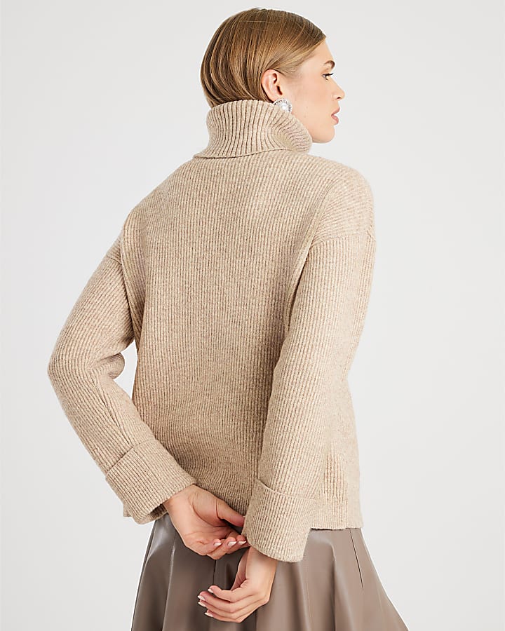 Brown Knitted Roll Neck Cut Out Jumper