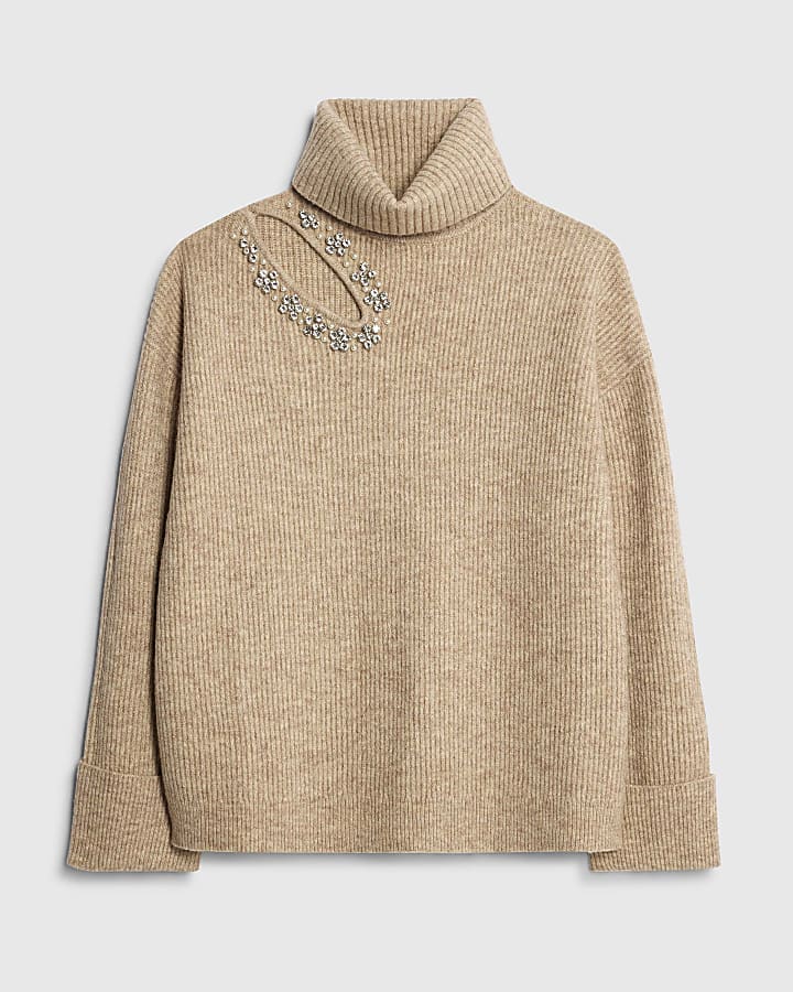 Brown Knitted Roll Neck Cut Out Jumper