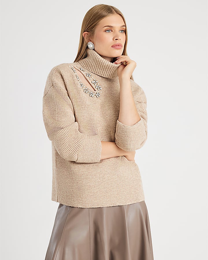 Brown Knitted Roll Neck Cut Out Jumper