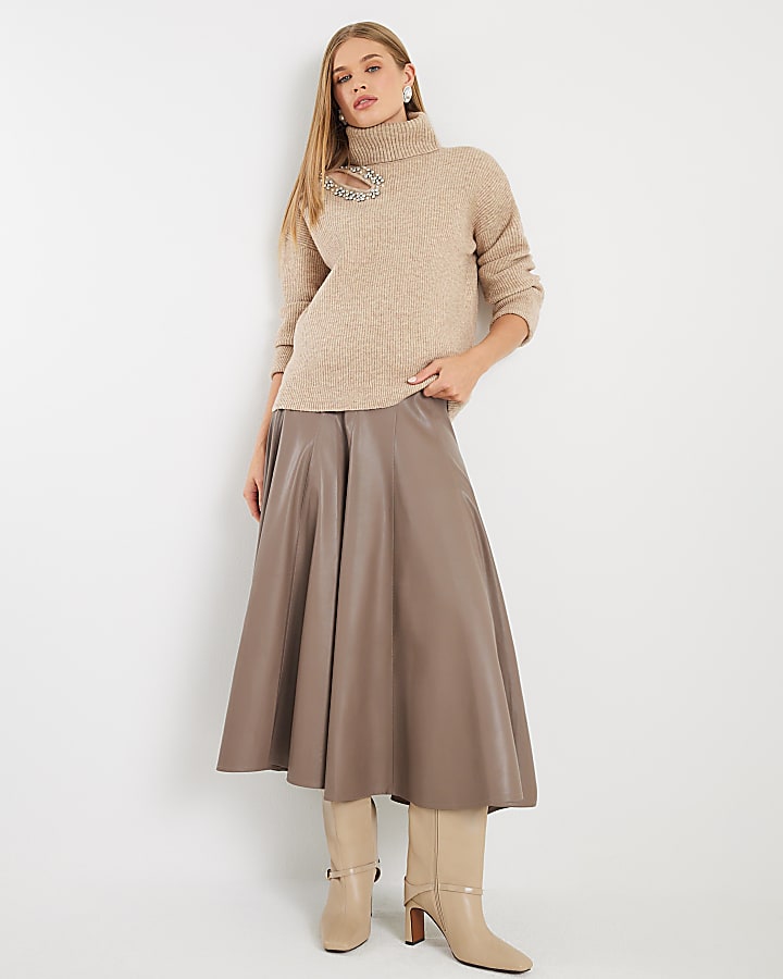 Brown Knitted Roll Neck Cut Out Jumper