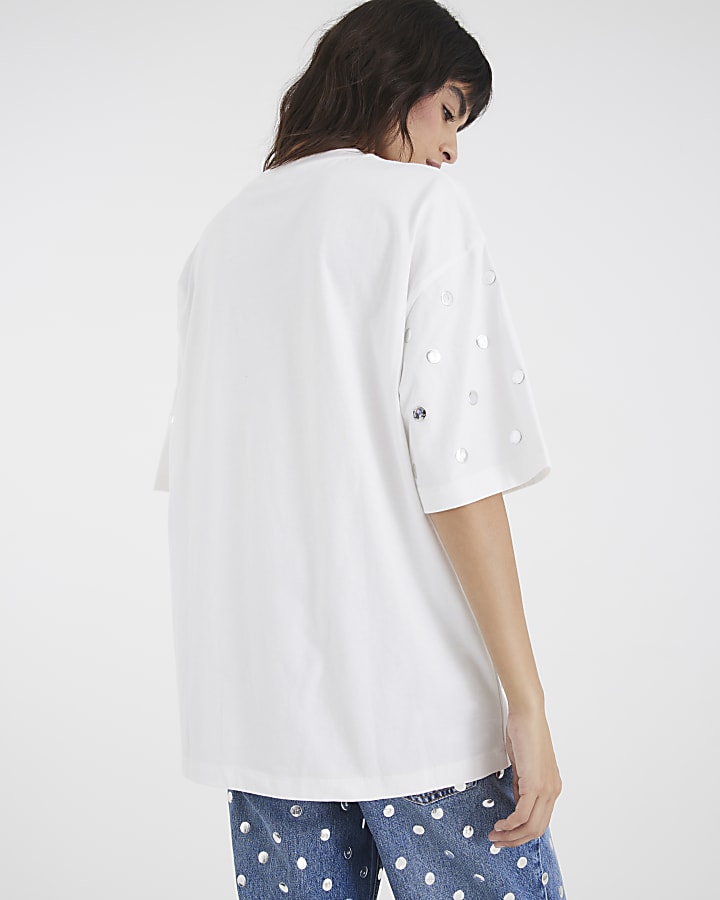 White Short Sleeve Studded T-shirt