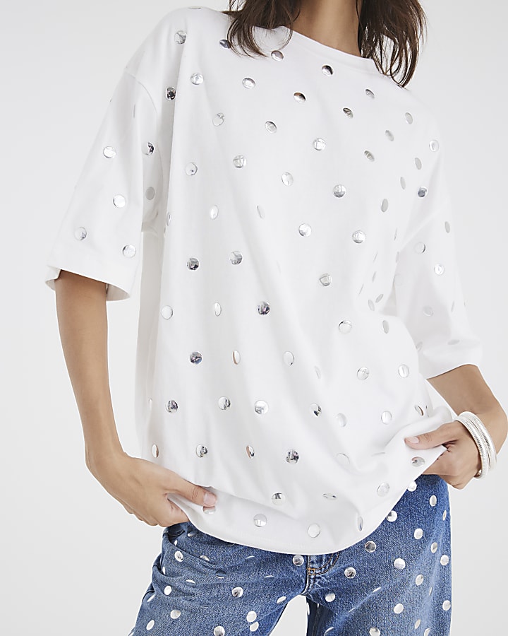 White Short Sleeve Studded T-shirt