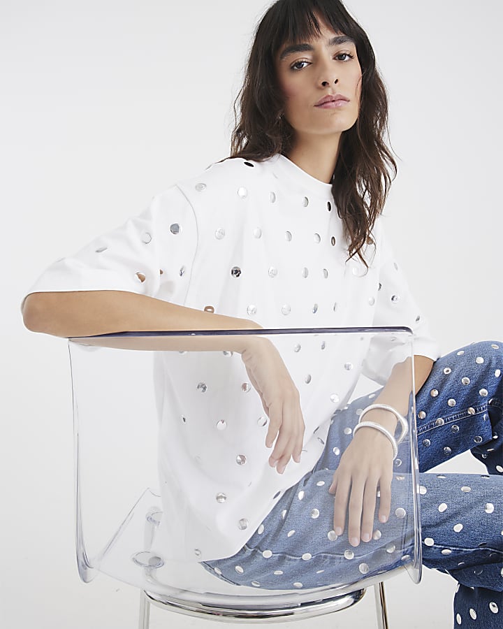 White Short Sleeve Studded T-shirt