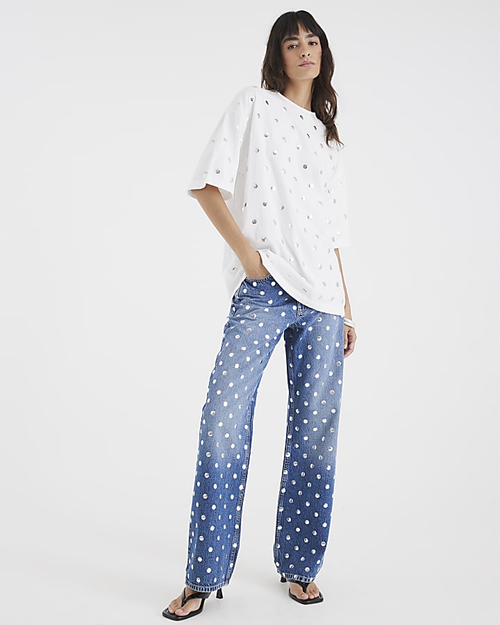 White Short Sleeve Studded T-shirt