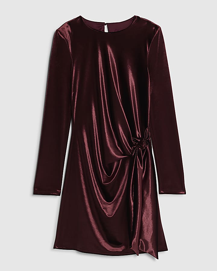 Red Velvet Long Sleeve Tie Side Mini Dress