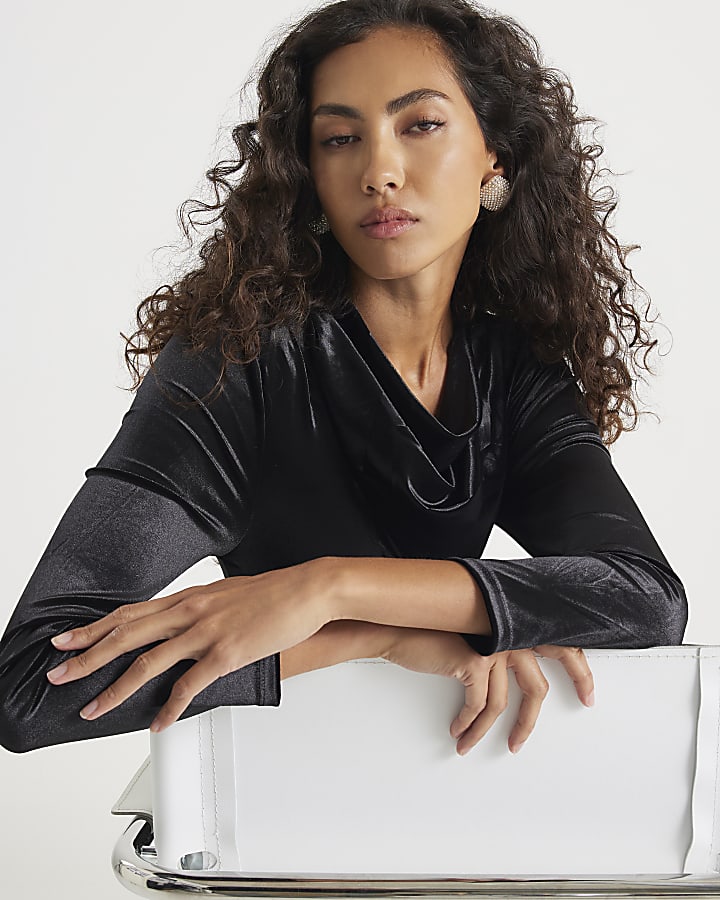 Black Velvet Long Sleeve Cowl Neck Bodysuit