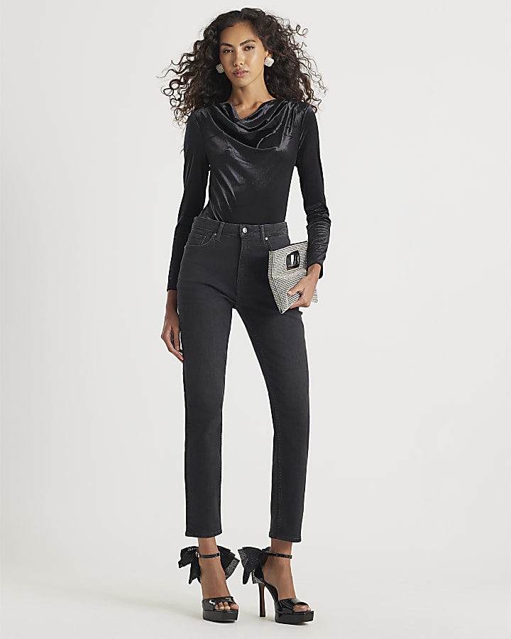 Black Velvet Long Sleeve Cowl Neck Bodysuit