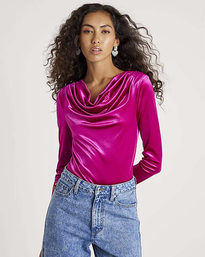 Pink Velvet Long Sleeve Cowl Neck Bodysuit