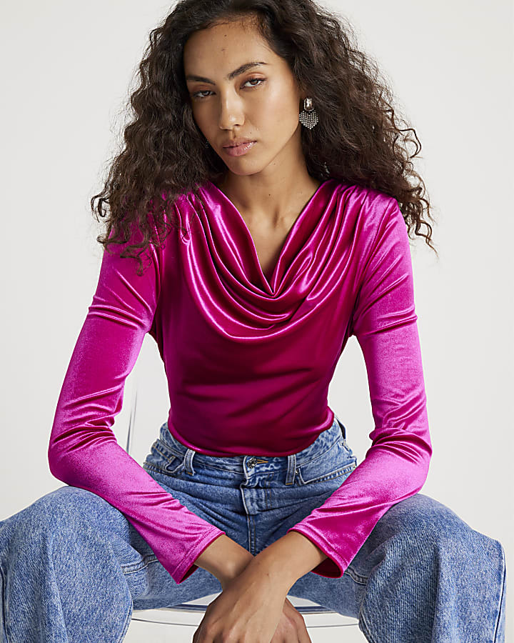 Pink Velvet Long Sleeve Cowl Neck Bodysuit