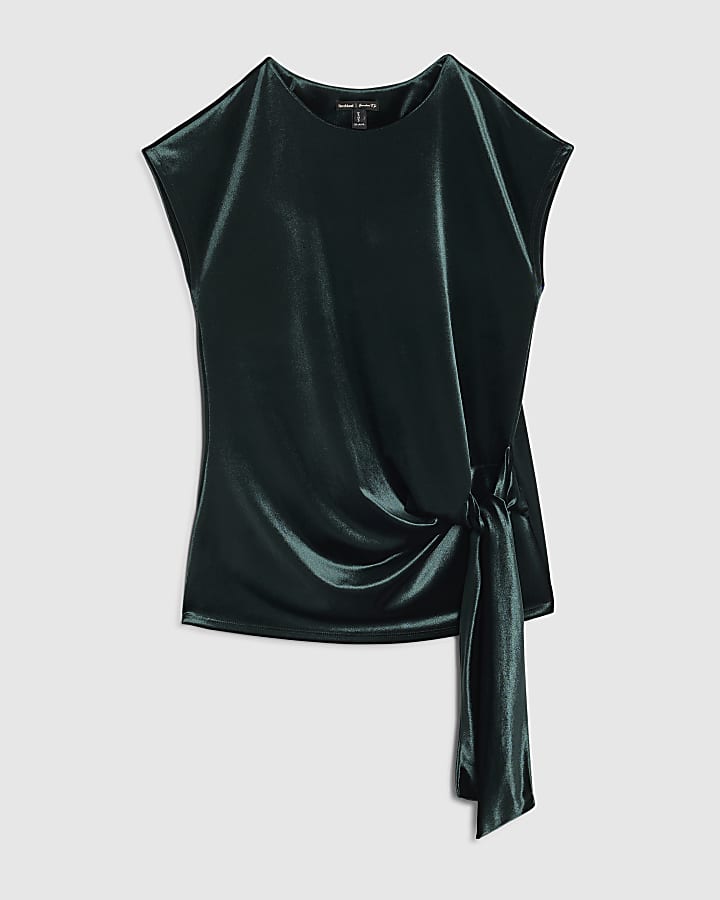 Green Velvet Short Sleeve Tie Side Top