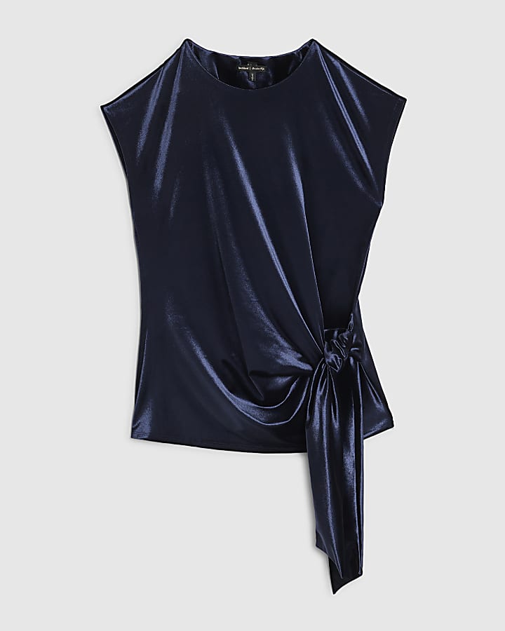 Navy Velvet Short Sleeve Tie Side Top