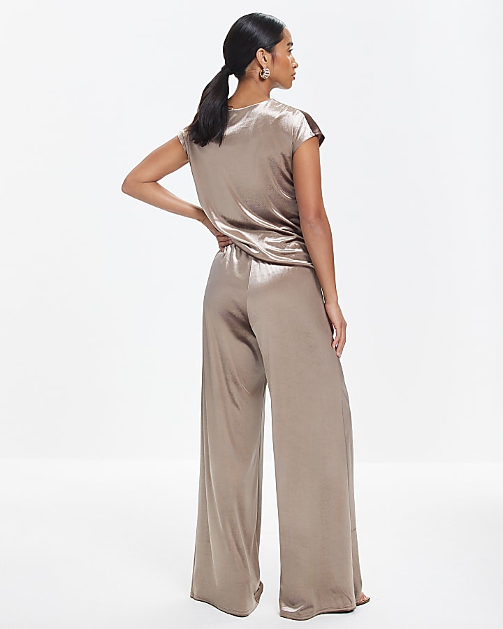 Petite Brown Velvet Wide Leg Joggers