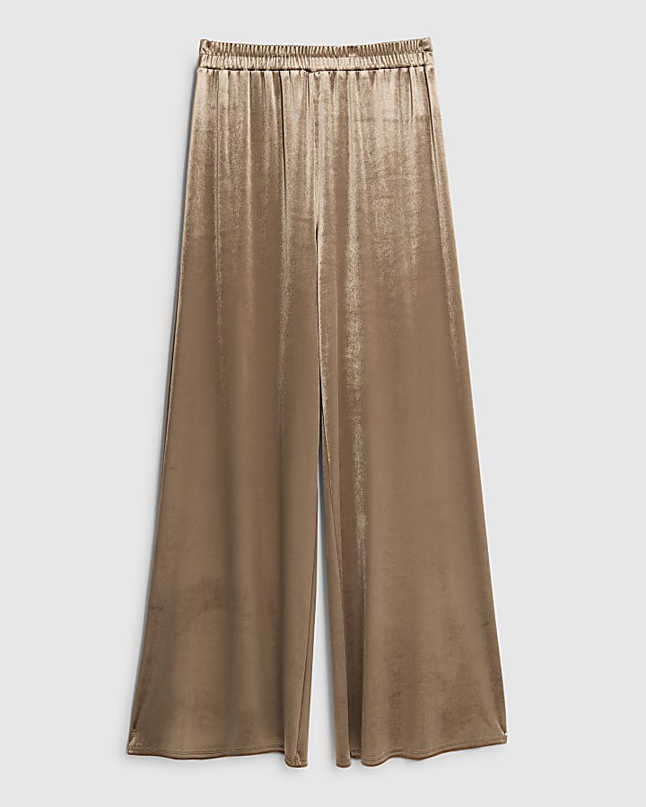 Petite Brown Velvet Wide Leg Joggers