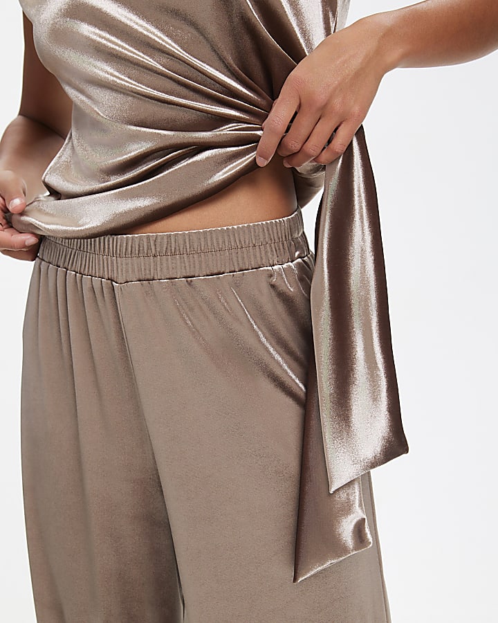 Petite Brown Velvet Wide Leg Joggers