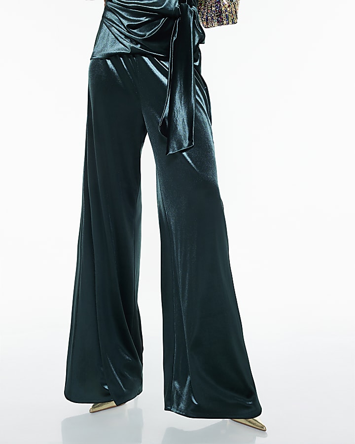 Green Velvet Wide Leg Joggers