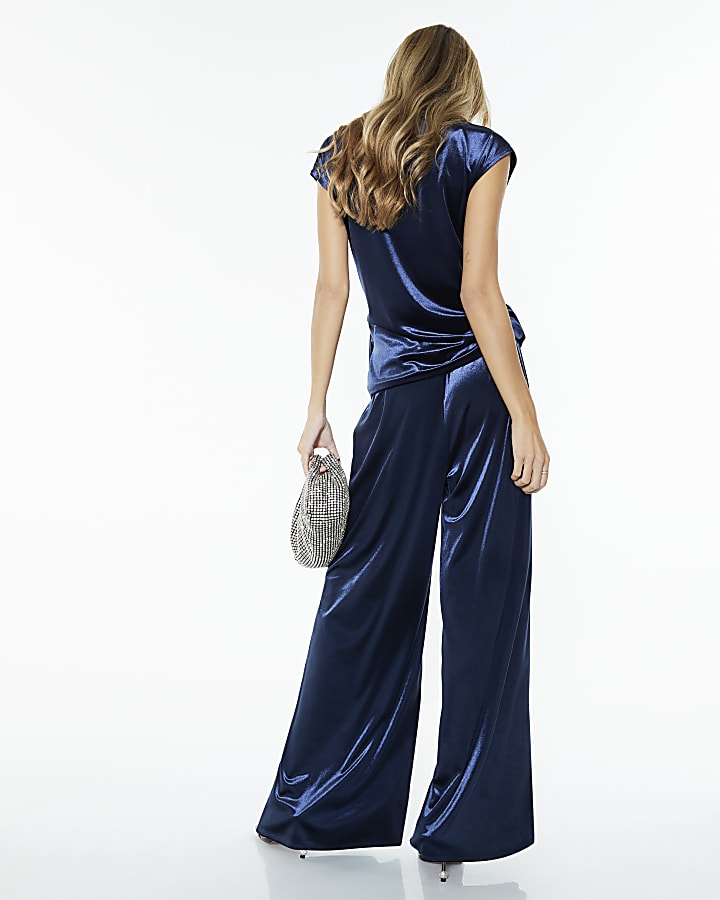 Navy Velvet Wide Leg Joggers