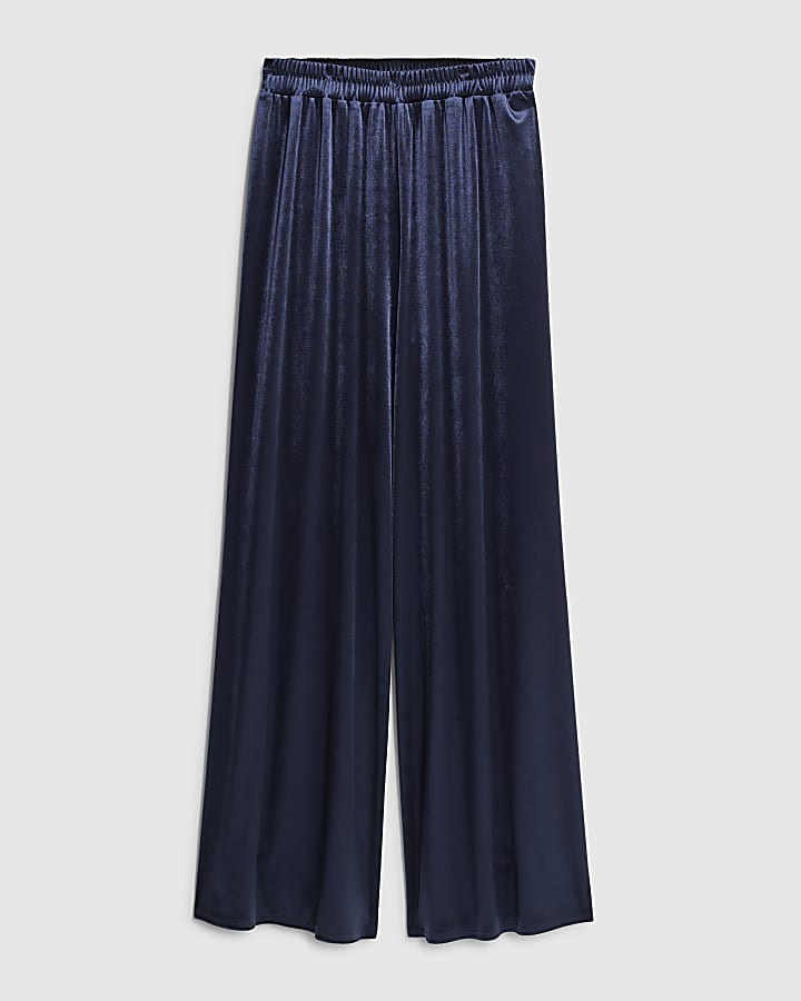 Navy Velvet Wide Leg Joggers