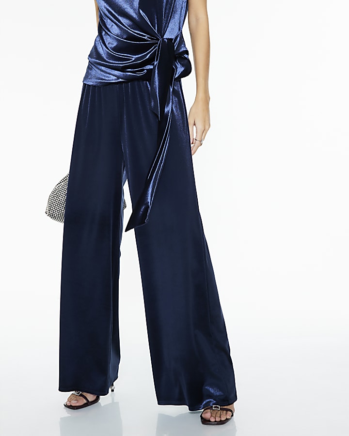 Navy Velvet Wide Leg Joggers