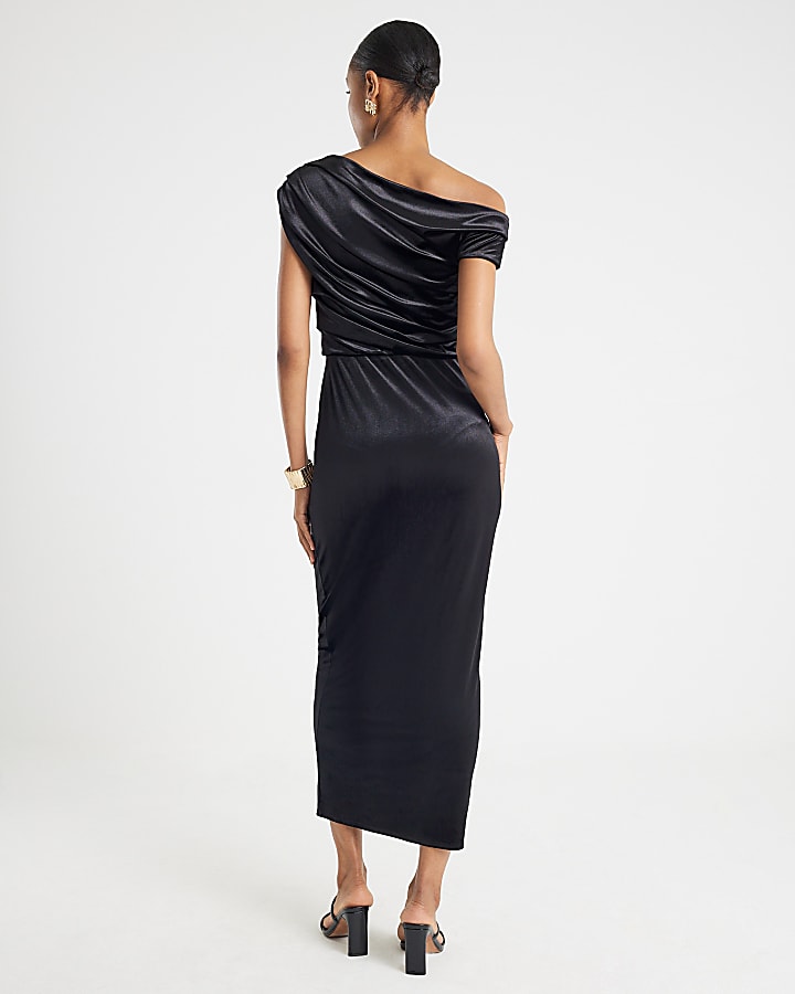 Black Velvet Sleeveless Drape Midi Dress