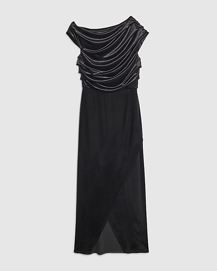 Black Velvet Sleeveless Drape Midi Dress