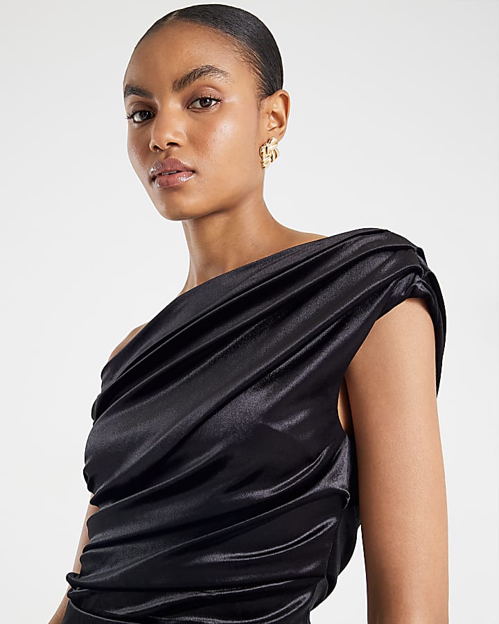 Black Velvet Sleeveless Drape Midi Dress