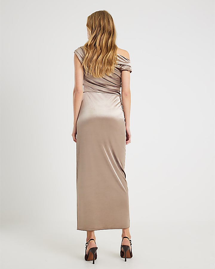 Brown Velvet Sleeveless Drape Midi Dress