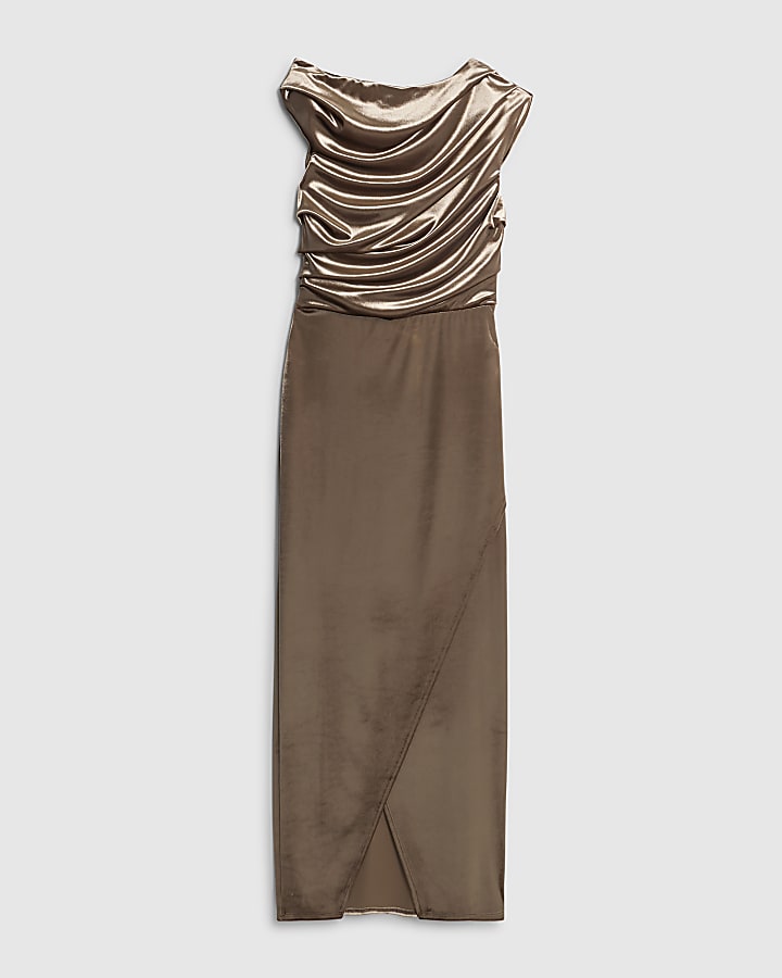 Brown Velvet Sleeveless Drape Midi Dress