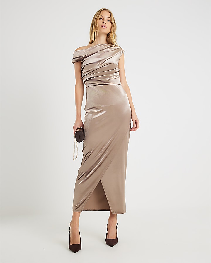 Brown Velvet Sleeveless Drape Midi Dress