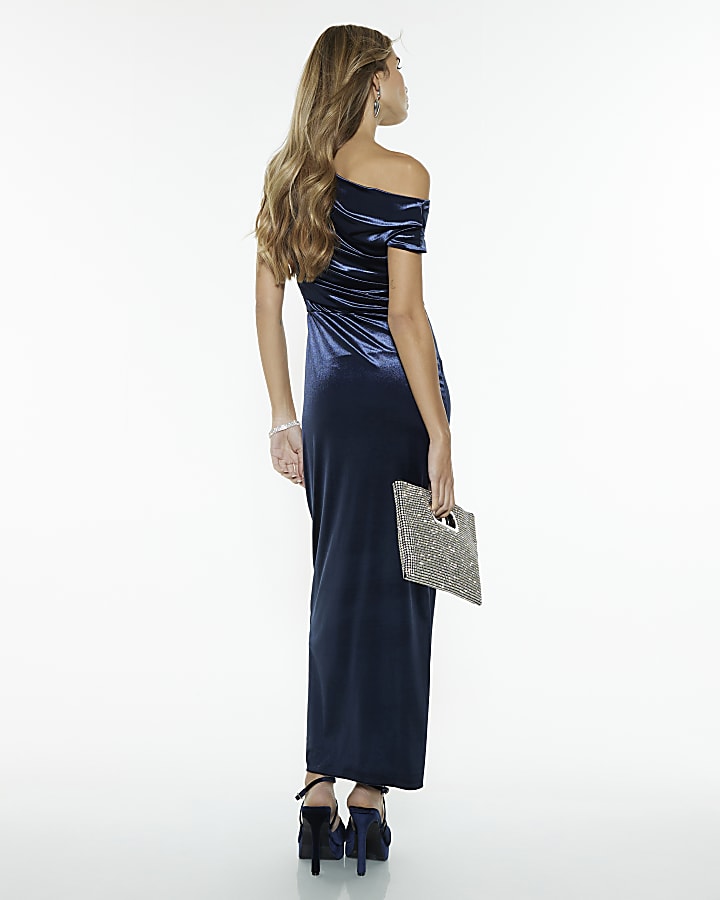 Navy Velvet Sleeveless Drape Midi Dress