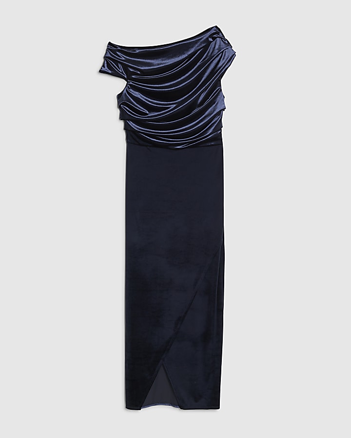 Navy Velvet Sleeveless Drape Midi Dress