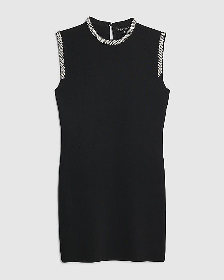 Black Knit Embellished Mini Dress