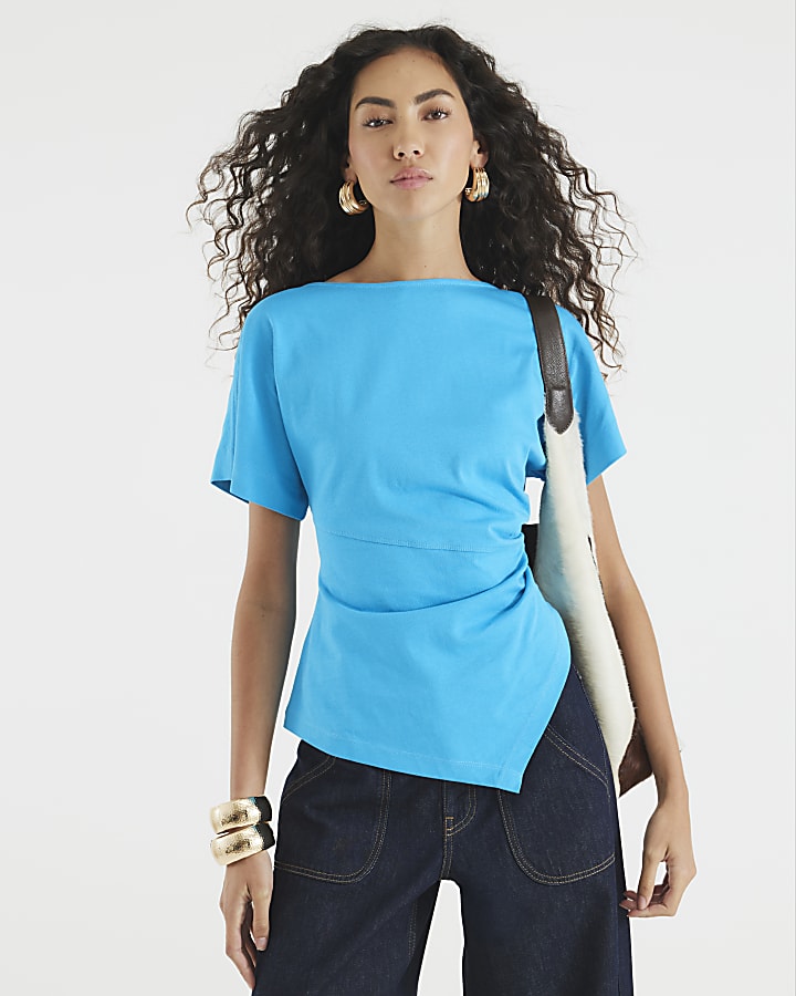 Blue Short Sleeve Drape Side T-shirt