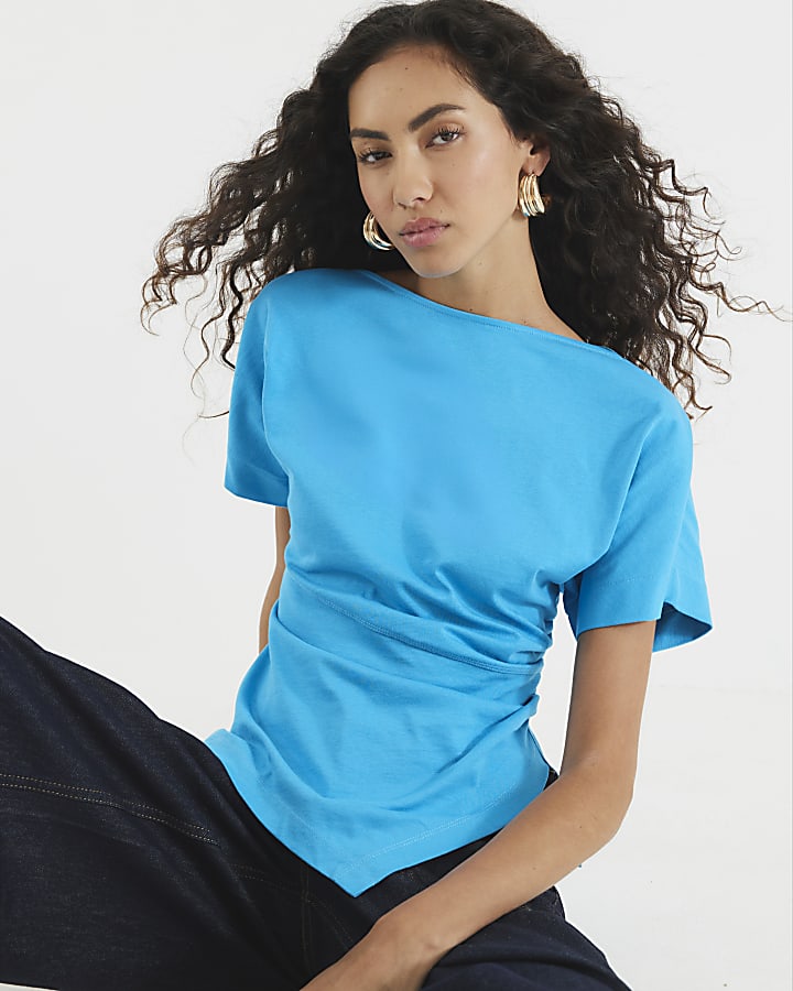 Blue Short Sleeve Drape Side T-shirt
