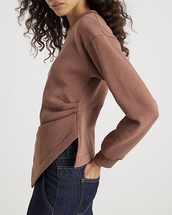 Brown Long Sleeve Draped Sweatshirt