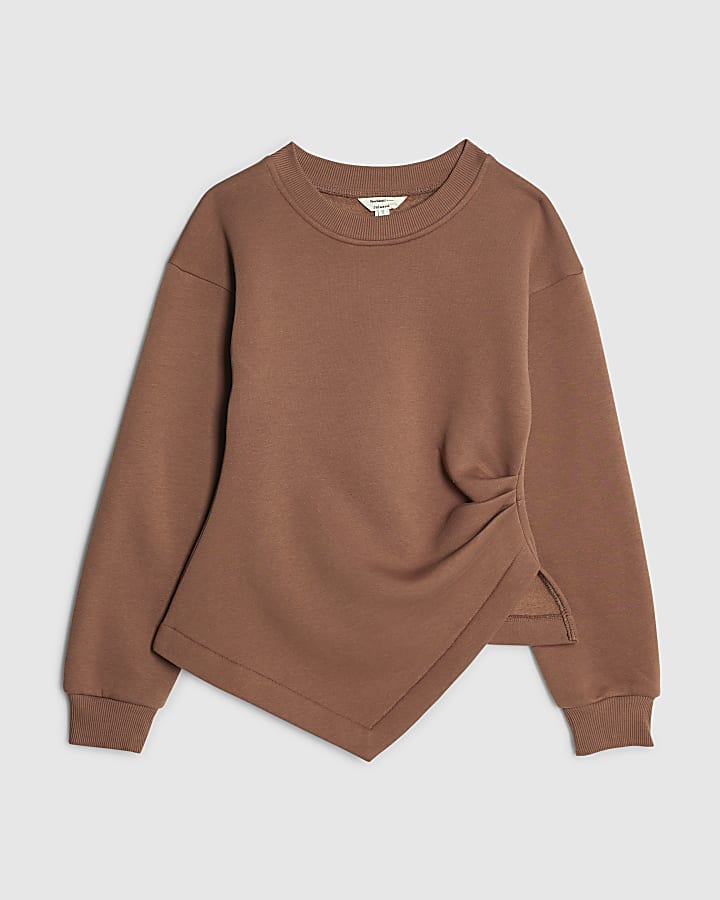 Brown Long Sleeve Draped Sweatshirt