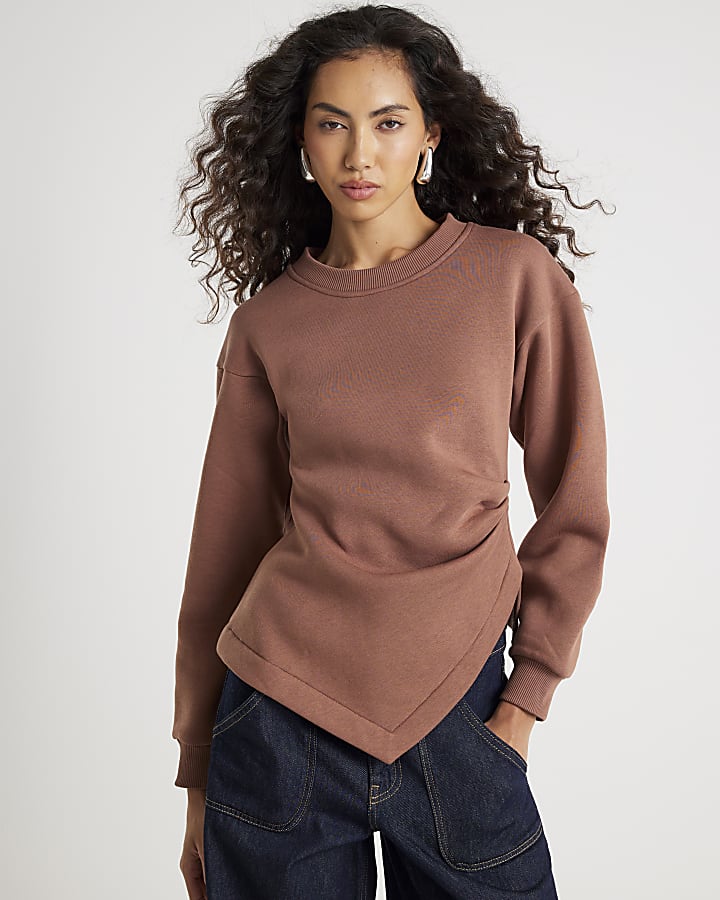 Brown Long Sleeve Draped Sweatshirt